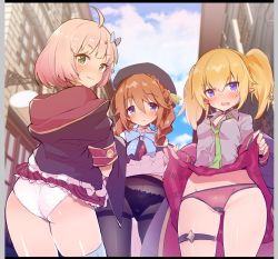 Rule 34 | 3girls, ahoge, ass, bad id, bad twitter id, beret, black dress, black headwear, black jacket, black legwear, black panties, blonde hair, blue sky, blurry, blurry background, blush, bow, braid, brown eyes, brown hair, building, caburi, chieru (princess connect!), chloe (princess connect!), closed mouth, clothes lift, cloud, cloudy sky, collared shirt, crotch seam, day, depth of field, dress, dress lift, frilled skirt, frills, from behind, frown, green neckwear, grey shirt, hair bow, hair ornament, hair tie, hat, highres, hood, hood down, hooded coat, hooded jacket, jacket, lifted by self, long hair, long sleeves, looking at viewer, looking back, medium hair, miniskirt, multiple girls, necktie, open mouth, outdoors, panties, pantyhose, pink hair, plaid, plaid skirt, pleated skirt, pointy ears, princess connect!, purple eyes, purple skirt, red panties, red skirt, shirt, short dress, short hair, short sleeves, skirt, skirt lift, sky, smile, standing, star (symbol), star hair ornament, thigh strap, thighband pantyhose, twin braids, twintails, underwear, white panties, yuni (princess connect!)