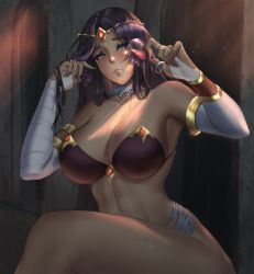 Rule 34 | 1girl, alcohol, arm wrap, armlet, bandaged arm, bandages, bikini, black bikini, black hair, bracelet, breasts, bridal gauntlets, circlet, cleavage, cup, dark-skinned female, dark skin, drinking glass, duchessofarmeria, facial mark, fate/grand order, fate (series), forehead jewel, green eyes, highres, jewelry, large breasts, long hair, looking at viewer, parted bangs, parted lips, revision, ring, scheherazade (fate), solo, swimsuit, thick thighs, thighs, wine, wine glass