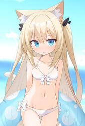 Rule 34 | 1girl, animal ear fluff, animal ears, bikini, blonde hair, blue eyes, blurry, blurry background, blush, bow, bow bikini, breasts, cat ears, cat girl, cat tail, collarbone, commentary request, front-tie bikini top, front-tie top, hair between eyes, highres, holding, holding swim ring, innertube, long hair, mogura2009, nose blush, original, parted lips, small breasts, solo, swim ring, swimsuit, tail, two side up, very long hair, white bikini, white bow