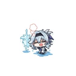Rule 34 | 1girl, arikuigames1105, artist name, black hairband, blue hair, blue necktie, blush, breath, chibi, closed eyes, crossed bangs, eula (genshin impact), floating, floating object, floating sword, floating weapon, genshin impact, hair ornament, hairband, heavy breathing, highres, melting, necktie, open mouth, puddle, shaded face, sidelocks, simple background, solo, sweat, sword, very sweaty, wading, weapon, white background, white sleeves