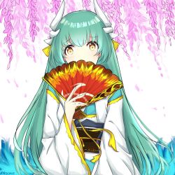 Rule 34 | 1girl, blue kimono, blush, brown eyes, commentary, dragon horns, fate/grand order, fate (series), flower, folding fan, green hair, hair between eyes, hand fan, hand up, holding, holding fan, horns, japanese clothes, kimono, kiyohime (fate), long hair, long sleeves, obi, pink flower, rocm (nkkf3785), sash, solo, twitter username, upper body, very long hair, water, waves, white background, wide sleeves, wisteria