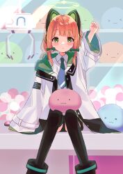 Rule 34 | 1girl, absurdres, arm up, black thighhighs, blue archive, blue necktie, blunt bangs, blush stickers, bow, clenched hand, commentary, crane game, dress shirt, feet out of frame, green bow, green eyes, green halo, hair bow, halo, highres, hood, hooded jacket, jacket, knees together feet apart, long hair, long sleeves, looking at viewer, midori (blue archive), necktie, open clothes, open jacket, orange hair, parted lips, ponpon nun, shirt, sidelocks, sitting, solo, straight hair, tareme, thighhighs, white jacket, white shirt, wide sleeves