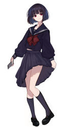 Rule 34 | 1girl, absurdres, black footwear, black hair, black sailor collar, black serafuku, black shirt, black skirt, black socks, bow, cellphone, closed mouth, commentary request, full body, highres, holding, holding phone, jazztaki, kneehighs, loafers, looking at viewer, original, phone, pleated skirt, red bow, red eyes, sailor collar, school uniform, serafuku, shirt, shoes, short hair, simple background, skirt, smile, socks, solo, standing, standing on one leg, white background