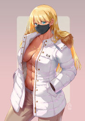 Rule 34 | 1girl, abs, becky montanari, blonde hair, breasts, dark skin, earrings, fur-trimmed jacket, fur trim, ge xi, hair between eyes, hand in pocket, highres, jacket, jewelry, large breasts, long hair, long sleeves, looking at viewer, mask, mouth mask, muscular, muscular female, navel, open clothes, open jacket, white jacket, witches in 7th base