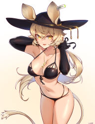 Rule 34 | 1girl, absurdres, animal ears, arknights, armpits, bikini, black bikini, black gloves, black hat, blonde hair, breasts, character name, collarbone, cowboy shot, dorothy (arknights), elbow gloves, front-tie bikini top, front-tie top, gloves, hands up, hat, highres, jewelry, large breasts, lips, long hair, looking at viewer, low ponytail, lunn, mouse ears, mouse girl, mouse tail, name tag, navel, necklace, parted lips, simple background, solo, standing, swimsuit, tail, very long hair, white background