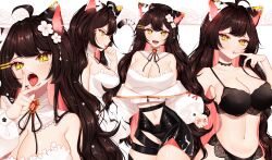 Rule 34 | 1girl, absurdres, ahoge, animal ears, bare shoulders, belt, black belt, black bra, black hair, black panties, black shorts, blush, bra, breasts, cat ears, cat girl, cat tail, clothing cutout, collar, colored inner hair, contrapposto, detached collar, fangs, finger to mouth, flower, gem, hair flower, hair ornament, hairclip, highres, indie virtual youtuber, jacket, large breasts, lingerie, long hair, looking at viewer, minaowa, minaowa (artist), mole, mole on breast, mole under eye, multicolored hair, multiple views, navel, navel cutout, off shoulder, open mouth, panties, pink hair, red nails, shirt, shorts, slit pupils, strapless, strapless shirt, tail, tongue, tongue out, underwear, underwear only, very long hair, virtual youtuber, wavy hair, white collar, white flower, white jacket, yellow eyes, zipper pull tab