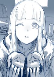 Rule 34 | 1girl, blunt bangs, commentary, fern (sousou no frieren), greyscale, hews, highres, long hair, looking at viewer, looking up, monochrome, one eye closed, sketch, solo, sousou no frieren, suggestive, upper body