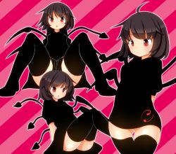 Rule 34 | 1girl, ahoge, asymmetrical hair, bad id, bad pixiv id, black dress, black hair, black thighhighs, breast press, dress, houjuu nue, oimo (imoyoukan), open mouth, red eyes, short dress, sitting, solo, spread legs, striped, striped background, thighhighs, thighs, touhou, zettai ryouiki