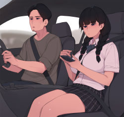 Rule 34 | 1boy, 1girl, bandaid, bandaid on face, black hair, blue eyes, blush, braid, breasts, car interior, collared shirt, driving, elder sister (pepper0), father (pepper0), father and daughter, highres, holding, holding phone, large breasts, long hair, neckerchief, original, pepper0, phone, pleated skirt, seatbelt, shirt, short hair, sitting, skirt, thighs, twin braids