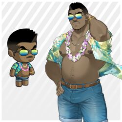 Rule 34 | 1boy, absurdres, bara, bare pectorals, belly, bulge, buzz (ero condo), character request, chibi, cowboy shot, dark-skinned male, dark skin, denim, ero condo, facial hair, flower, flower necklace, frown, hawaiian shirt, highres, jeans, jewelry, kienbiu, large pectorals, male focus, mature male, muscular, muscular male, mustache stubble, navel, necklace, nipples, official alternate costume, paid reward available, pants, pectorals, shirt, short hair, simple background, solo, sparse navel hair, standing, stomach, stubble, sunglasses, thick thighs, thighs, ugly man, undercut