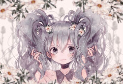Rule 34 | 1girl, alternate costume, alternate hairstyle, aqua eyes, aqua hair, bare shoulders, black choker, blurry, blush, choker, closed mouth, commentary, depth of field, fingernails, flower, gradient eyes, hair flower, hair ornament, hand in own hair, hatsune miku, highres, holding, holding own hair, long hair, long sleeves, miku day, multicolored eyes, muted color, solo, straight-on, supika, twintails, two side up, upper body, vocaloid, wavy hair, white background, white flower