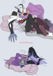 Rule 34 | 1boy, 1girl, ?, aftersex, assertive female, blanket, blue hair, blush, drooling, entrapta, green eyes, grey background, heart, highres, hordak, lying, masters of the universe, monster boy, on back, open mouth, pillow, pointy ears, prehensile hair, purple hair, she-ra and the princesses of power, smile, spoken heart, spoken question mark, sweat, twintails, yutaka7