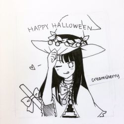 Rule 34 | artist name, cherry, commentary, creamsherry, english commentary, english text, food, fruit, greyscale, halloween, happy halloween, hat, heart, highres, inktober, long hair, monochrome, one eye closed, original, simple background, smile, solo, tongue, tongue out, white background, witch hat