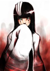 Rule 34 | 1girl, alternate eye color, alternate hair color, arrancar, bad id, black hair, bleach, blunt bangs, covering own mouth, cyan sung-sun, expressionless, facial mark, green eyes, kimiterary, long hair, looking at viewer, resurreccion, sleeves past wrists, slit pupils, solo