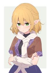 Rule 34 | 1girl, :/, arm warmers, black bodysuit, blonde hair, blue skirt, blush, bodysuit, breasts, brown jacket, closed mouth, crossed arms, ear blush, ear wiggle, eyelashes, green eyes, highres, jacket, japanese clothes, kanpa (campagne 9), layered clothes, medium breasts, mizuhashi parsee, pointy ears, sash, scarf, short hair, simple background, skirt, solo, standing, touhou, white background, white sash, white scarf