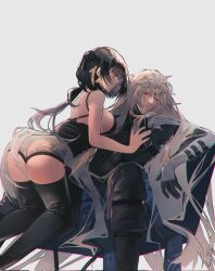 Rule 34 | 1boy, 1girl, ass, bare shoulders, black hair, breasts, calcharo (wuthering waves), colored inner hair, eyeliner, female rover (wuthering waves), grey hair, hair ornament, hetero, highres, long hair, low ponytail, makeup, multicolored hair, parted bangs, red eyeliner, rover (wuthering waves), sanya (sanya lox228), tacet mark (wuthering waves), thighhighs, two-tone hair, very long hair, wuthering waves, yellow eyes