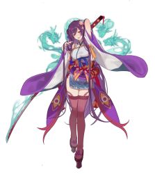 Rule 34 | 1girl, ark order, black legwear, blush, breasts, commentary request, dragon, hair ornament, highres, japanese clothes, katana, kimono, kimono skirt, large breasts, long hair, official art, red cucumber, red eyes, sandals, sword, transparent background, very long hair, weapon, yamata no orochi (ark order)