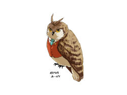 Rule 34 | ace attorney, animal, animal focus, animalization, antenna hair, apollo justice, aqua necktie, bird, brown feathers, buttons, clothed animal, collared shirt, feathers, highres, japasu, lapel pin, lapels, looking at viewer, necktie, no humans, owl, red vest, shirt, simple background, vest, white background, yellow eyes
