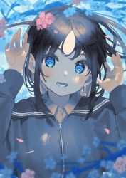 1girl absurdres black_hair blue_eyes blue_flower blue_theme blush branch flower hair_flower hair_ornament hands_up highres looking_at_viewer mashiro_kta medium_hair open_mouth original petals pink_flower solo upper_body zipper zipper_pull_tab