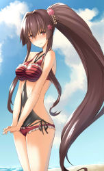 Rule 34 | 10s, 1girl, bikini, blue sky, blush, breasts, brown eyes, brown hair, cloud, day, female focus, flower, hair flower, hair ornament, kantai collection, kantai collection (anime), large breasts, long hair, looking at viewer, oukawa yuu, ponytail, sky, solo, swimsuit, very long hair, yamato (kancolle)