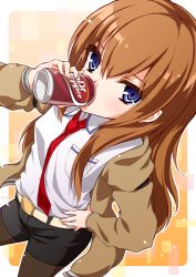 Rule 34 | 1girl, bad id, bad pixiv id, black pantyhose, blue eyes, brown hair, dr pepper, drinking, hand on own hip, hip focus, jacket, long hair, makise kurisu, necktie, neo1031, pantyhose, product placement, red necktie, short shorts, shorts, solo, steins;gate