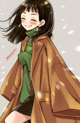 Rule 34 | 1girl, artist name, black skirt, blush, brown coat, brown hair, closed eyes, coat, commentary request, earrings, facing viewer, glint, green sweater, grey background, grin, happy, jewelry, lipstick, long hair, long sleeves, makeup, necklace, open clothes, open coat, original, pink lips, signature, skirt, sleeves past fingers, sleeves past wrists, smile, solo, sugano manami, sweater, teeth, turtleneck, turtleneck sweater