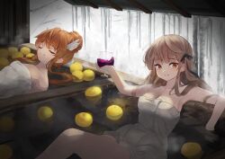 Rule 34 | 2girls, :3, alcohol, bare arms, bare shoulders, bath, black ribbon, blunt bangs, blush, breasts, brown eyes, cleavage, closed eyes, closed mouth, collarbone, commentary request, cup, drinking glass, eyelashes, floating hair, food, fruit, fruit on liquid, hair between eyes, hair over shoulder, hair ribbon, hair spread out, hand up, highres, holding, holding cup, leaning back, light brown hair, long hair, looking at viewer, medium breasts, multiple girls, naked towel, onsen, ootori chihaya, orange hair, partially submerged, perspective, relaxing, rewrite, ribbon, senri akane, sidelocks, sitting, small breasts, smile, snowing, steam, tagame (tagamecat), towel, very long hair, wine, wine glass, wing hair ornament, winter, yuzu (fruit)