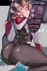 Rule 34 | 1boy, 1girl, absurdres, ass, bar censor, blonde hair, blush, bodysuit, censored, erection, freckles, grabbing another&#039;s hair, gwen stacy, heavy breathing, hetero, highres, huge ass, huge penis, imminent penetration, licking lips, looking back, marvel, moaning, moisty boo, monster boy, open mouth, penis, penis on face, rolling eyes, shiny clothes, solo focus, spider-gwen, spider-man: into the spider-verse, spider-man (series), spider-verse, sweatdrop, testicles, tongue, tongue out, trembling, venom (marvel), wide hips