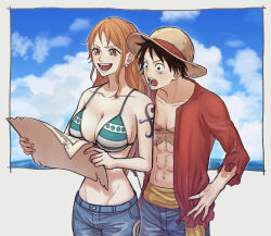 Rule 34 | 1boy, 1girl, arm tattoo, bikini, bikini top only, black eyes, black hair, cloud, cloudy sky, commentary request, earrings, facial scar, hat, highres, holding, holding map, hurumori, jewelry, long hair, map, monkey d. luffy, nami (one piece), one piece, open clothes, open mouth, orange hair, outdoors, red shirt, scar, scar on cheek, scar on chest, scar on face, shirt, short hair, sky, smile, standing, straw hat, swimsuit, tattoo, teeth