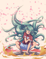 Rule 34 | 1girl, commentary request, green eyes, green hair, horns, komano aunn, long hair, petals, red shirt, roke (taikodon), shirt, short sleeves, shorts, simple background, single horn, solo, squatting, tan background, tongue, tongue out, touhou, very long hair