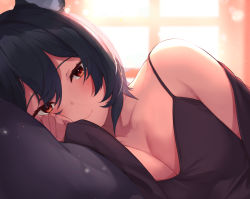 Rule 34 | 1girl, animal ears, black hair, black shirt, blush, breasts, brown eyes, cat ears, cleavage, closed mouth, collarbone, granblue fantasy, hair between eyes, highres, hinataa, ilsa (granblue fantasy), long sleeves, looking at viewer, lying, on side, shirt, short hair, sleeveless, sleeveless shirt, small breasts, smile, solo, spaghetti strap