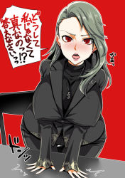 Rule 34 | 10s, 1girl, blush, breasts, coat, earrings, covered erect nipples, grey hair, lips, long hair, necklace, niijima sae, open mouth, pants, persona, persona 5, red background, red eyes, suit, translation request