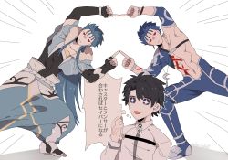 Rule 34 | + +, 3boys, alternate hair length, alternate hairstyle, black hair, blue eyes, blue hair, bodysuit, capelet, chest tattoo, crescent, crescent necklace, cu chulainn (caster) (fate), cu chulainn (fate), cu chulainn (fate/stay night), cu chulainn (second ascension) (fate), fate/grand order, fate (series), fujimaru ritsuka (male), fur-trimmed capelet, fur trim, fusion dance, igote, jewelry, jitome, long hair, long skirt, male focus, multiple boys, namahamu (hmhm 81), necklace, official alternate costume, red eyes, skirt, star-shaped pupils, star (symbol), symbol-shaped pupils, tattoo