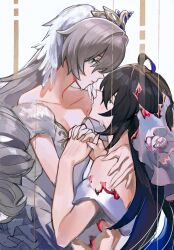 Rule 34 | 2girls, ahoge, alternate costume, black hair, bronya rand, closed eyes, closed mouth, collarbone, colored inner hair, commentary, crown, crying, dress, drill hair, english commentary, grey eyes, grey hair, hand on another&#039;s shoulder, highres, honkai: star rail, honkai (series), long hair, looking at another, mie xing, multicolored hair, multiple girls, own hands together, seele (honkai: star rail), simple background, tears, teeth, twin drills, upper body, white dress