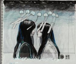 Rule 34 | 2girls, absurdres, black hair, colored pencil (medium), covered eyes, from behind, fuji vol.2, highres, imminent kiss, limited palette, long hair, marker (medium), multiple girls, original, profile, signature, traditional media, wind, wind chime, yuri