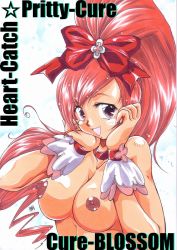 Rule 34 | 10s, 1990s (style), 1girl, bow, breasts, brown eyes, character name, collar, copyright name, cure blossom, hanasaki tsubomi, heartcatch precure!, honoo teruki, magical girl, medium breasts, nipples, pink hair, ponytail, precure, red bow, retro artstyle, solo, topless, wrist cuffs