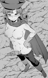 Rule 34 | 1girl, abs, alena (dq4), bar censor, blush, boots, breasts, cape, censored, clothes pull, curly hair, dragon quest, dragon quest iv, earrings, erection, from above, futanari, gloves, greyscale, hand on own hip, hat, highres, jewelry, makin tama, medium breasts, monochrome, nipples, pants, pants pull, penis, pointless censoring, smile, solo, sweat, veins, veiny penis
