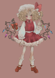 Rule 34 | 1girl, absurdres, adapted costume, alternate hairstyle, alternate wings, arm up, blonde hair, blush, bow, bowtie, closed mouth, crystal, curly hair, flandre scarlet, frilled skirt, frilled sleeves, frilled socks, frills, full body, hat, hat bow, head tilt, highres, inkopico, laevatein (tail), long sleeves, looking at viewer, mob cap, multicolored wings, one side up, petticoat, puffy long sleeves, puffy sleeves, red background, red bow, red bowtie, red eyes, red footwear, red skirt, red vest, ribbon, shirt, short hair, simple background, skirt, skirt set, socks, solo, tail, tail ornament, tail ribbon, touhou, vest, white hat, white shirt, white socks, wings