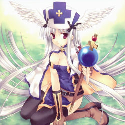 Rule 34 | 00s, aquarian age, elbow gloves, gloves, hat, head wings, highres, long hair, purple eyes, ribbon, scepter, silver hair, solo, staff, thighhighs, wings, wnb mark
