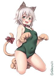 Rule 34 | 1girl, :d, alternate costume, animal ears, animal hands, blush, bow, breasts, cat day, cat ears, cat paws, cat tail, choker, collar, collarbone, commentary request, covered navel, ebifurya, gloves, green eyes, hair between eyes, highres, kantai collection, kemonomimi mode, kneeling, legs apart, looking at viewer, messy hair, one-hour drawing challenge, one-piece swimsuit, open mouth, paw gloves, paw pose, paw shoes, red bow, shimushu (kancolle), shoes, short hair, simple background, small breasts, smile, solo, swimsuit, tail, thighs, white background, white hair