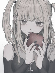 Rule 34 | 1girl, absurdres, amane misa, apple, black nails, black shirt, black sleeves, blonde hair, brown eyes, commentary, cross, cross earrings, death note, detached sleeves, earrings, eyebrows hidden by hair, eyelashes, food, fruit, goth fashion, highres, holding, holding food, holding fruit, jewelry, latin cross, looking at viewer, lower teeth only, medium hair, muted color, nail polish, open mouth, shioshiha, shirt, simple background, smile, solo, teeth, two side up, upper body, white background