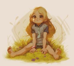 Rule 34 | 1girl, alkemanubis, aqua necktie, aqua skirt, barefoot, blonde hair, bracelet, brown eyes, child, closed mouth, commentary, english commentary, female focus, full body, hazel (infinity train), highres, infinity train, jewelry, legs, looking at viewer, necktie, outdoors, panties, resolution mismatch, short sleeves, sitting, skirt, smile, soles, solo, source larger, underwear