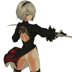 Rule 34 | 1girl, anraku cho, ass, backless outfit, black dress, blue eyes, dress, feather-trimmed sleeves, from behind, grey hair, hair over one eye, headband, highres, katana, nier (series), nier:automata, no blindfold, short hair, shoulder blades, skindentation, solo, sword, thighhighs, thighs, weapon, 2b (nier:automata)