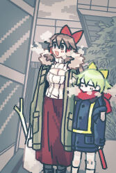 Rule 34 | 2girls, :d, black eyes, blue coat, blush, bow, breasts, breath, brown coat, brown hair, bush, cleavage, cleavage cutout, clothing cutout, coat, commentary request, cookie (touhou), daiyousei, diyusi (cookie), empty eyes, feet out of frame, gedougawa, green hair, hair between eyes, hair bow, hair tubes, hakurei reimu, high-visibility vest, large breasts, long bangs, long hair, long skirt, looking afar, multiple girls, noel (cookie), open mouth, pixel art, red bow, red scarf, red skirt, scarf, skirt, smile, spring onion, standing, sweater, touhou, traffic baton, white sweater, window, yellow bow