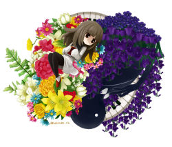 Rule 34 | 1girl, ankle boots, artist name, bellflower, book, boots, brown hair, chibi, deemo, deemo (character), dress, flower, flower request, full body, girl (deemo), holding, holding book, komekomen (kokosuke), long hair, looking at another, no nose, pantyhose, rose, rotational symmetry, yellow rose