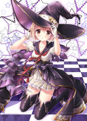 Rule 34 | 10s, 1girl, 2016, :o, adjusting clothes, adjusting headwear, black footwear, black thighhighs, blonde hair, blush, boots, bow, breasts, brown eyes, capelet, checkered floor, cleavage, collarbone, djeeta (granblue fantasy), dress, frilled gloves, frilled sleeves, frills, gloves, granblue fantasy, hair between eyes, hat, highres, ikegami akane, kneeling, looking at viewer, medium breasts, open mouth, outline, pleated dress, puffy short sleeves, puffy sleeves, purple bow, purple hat, sailor collar, sash, short dress, short hair, short sleeves, showgirl skirt, solo, star (symbol), starry background, thigh boots, thighhighs, warlock (granblue fantasy), white dress, white gloves, wizard hat