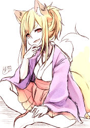 Rule 34 | 1girl, animal ears, blonde hair, chita (ketchup), fang, fox ears, fox girl, fox tail, hair between eyes, hand up, haori, head tilt, japanese clothes, kimono, long hair, long sleeves, open mouth, original, pleated skirt, red eyes, red skirt, short eyebrows, sidelocks, sitting, sketch, skirt, solo, tail, thick eyebrows, thighhighs, white background, white kimono, wide sleeves