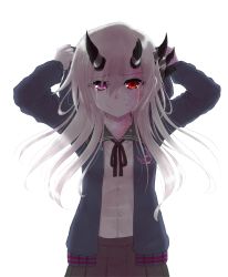 Rule 34 | 10s, 1girl, abyssal ship, bad id, bad pixiv id, blue jacket, burn scar, colored skin, crescent, crescent pin, crying, crying with eyes open, dark persona, heterochromia, highres, horns, jacket, kantai collection, kisaragi (kancolle), kisaragi kai ni (kancolle), light smile, long hair, looking at viewer, pleated skirt, purple eyes, red eyes, scar, school uniform, serafuku, skirt, solo, spoilers, tears, white hair, white skin, zombie mogura