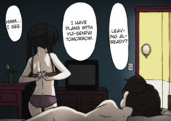 Rule 34 | 2girls, aftersex, arms behind back, ass, bedroom, black hair, bra, brown hair, dressing, flower, from behind, hard-translated, k-on!, lingerie, long hair, lying, multiple girls, nakano azusa, nude, on side, panties, pillow, saiko dagashi, short twintails, suzuki jun, television, third-party edit, translated, twintails, underwear, underwear only, yuri