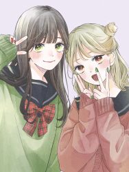 Rule 34 | 2girls, blonde hair, blue sailor collar, blush, bow, bowtie, brown hair, cardigan, closed mouth, commentary, finger to face, fingernails, furusato kou, green cardigan, green eyes, green nails, hair over shoulder, hand up, highres, long hair, long sleeves, looking at viewer, medium hair, multiple girls, nail polish, open mouth, orange eyes, original, pink cardigan, pink lips, plaid, plaid bow, plaid bowtie, red bow, red bowtie, red nails, sailor collar, school uniform, serafuku, simple background, sleeves past wrists, symbol-only commentary, upper body, v, white background